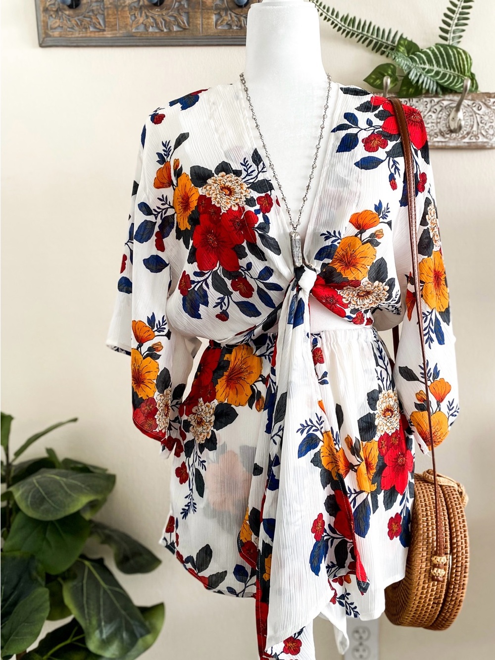 Floral Tie-Front Romper in White with Red & Mustard Blooms